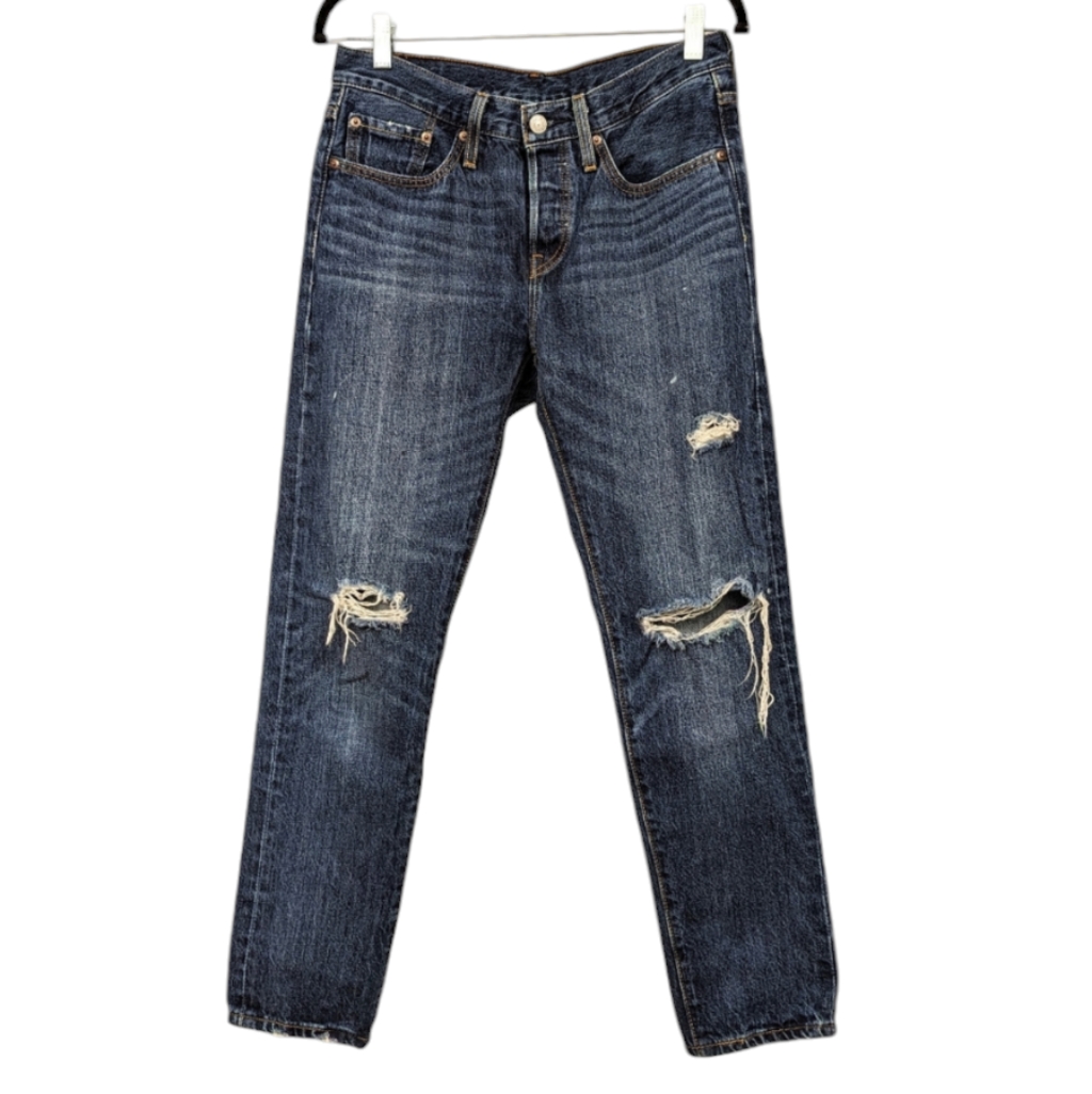Levi's 501t Jeans Button Fly Tapered Distressed Dark Wash 27.5" Inseam Size 28